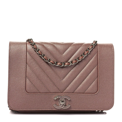 Chanel Metallic Caviar Chevron Quilted Vintage Mademoiselle Wallet On Chain WOC Pink 1 of 9
