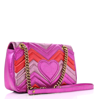 Gucci Metallic Calfskin Matelasse Small GG Marmont Shoulder Bag Fuchsia 2 of 12