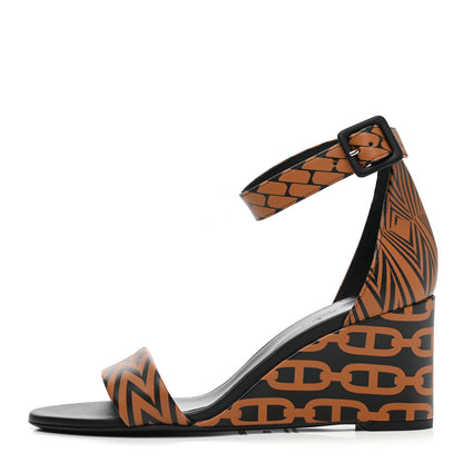 Hermes Calfskin Printed Acapulco Wedge Sandals 38.5 Black Naturel 1 of 10