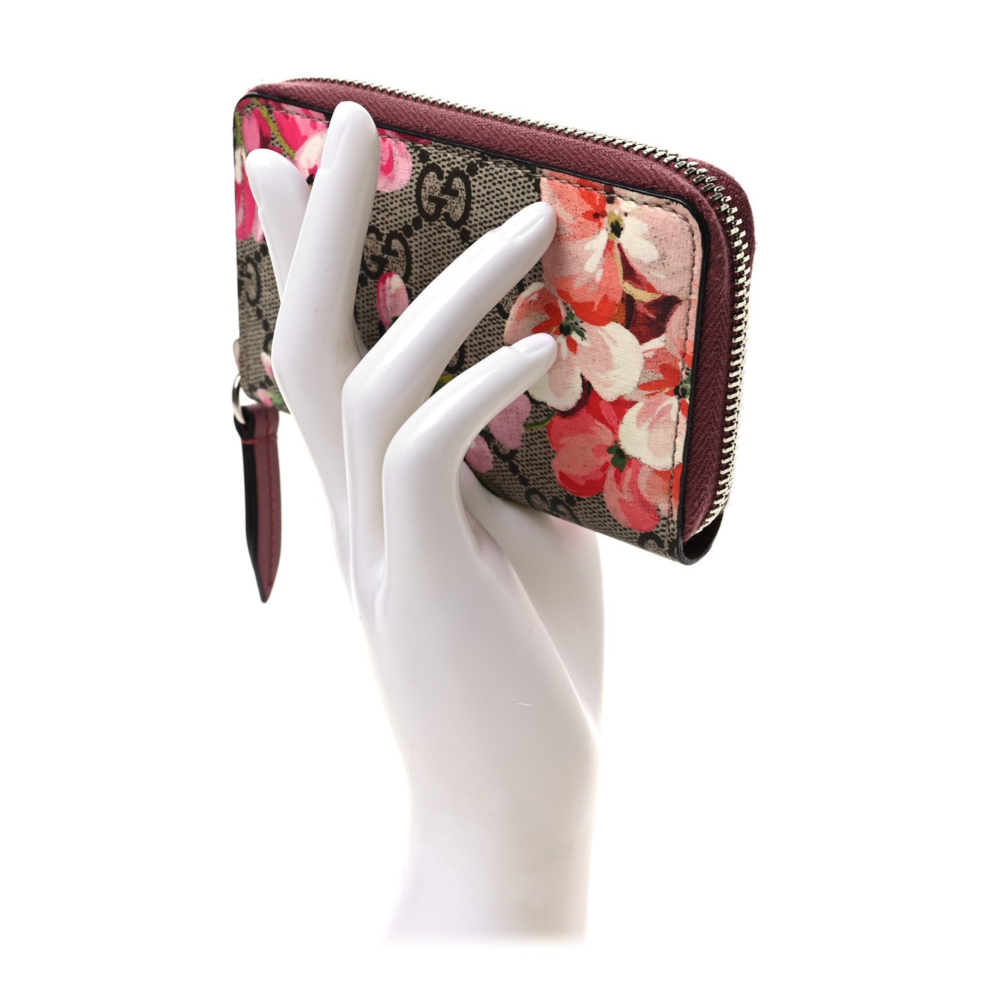 GG Supreme Monogram Blooms Zip Around Card Case Wallet Beige Multicolor Dry Rose