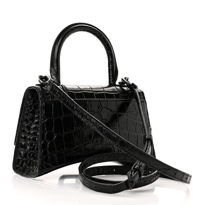 Balenciaga Calfskin Graffiti Logo Monochrome Crocodile Embossed Hourglass Top Handle Bag XS Black 3 of 14