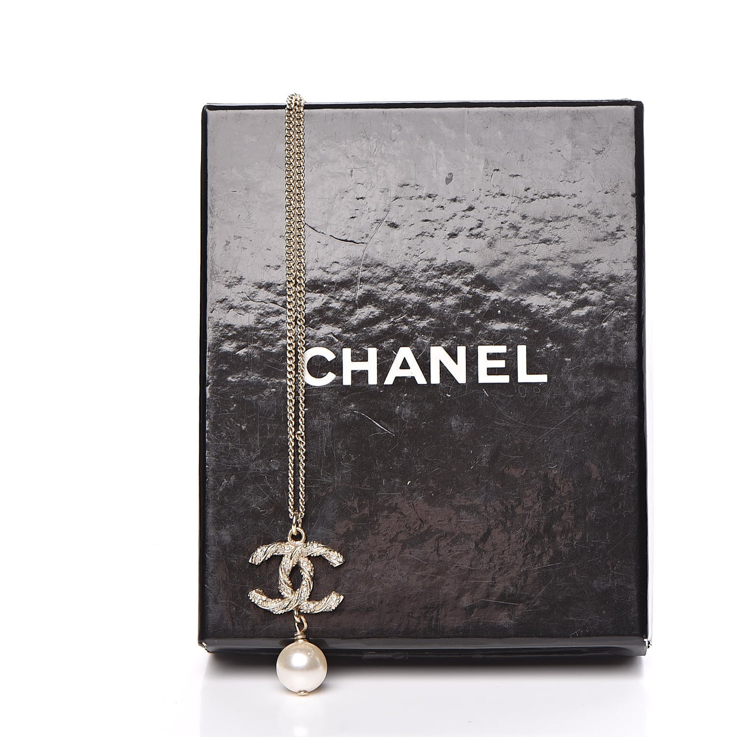 Crystal Pearl Twisted CC Drop Necklace Gold