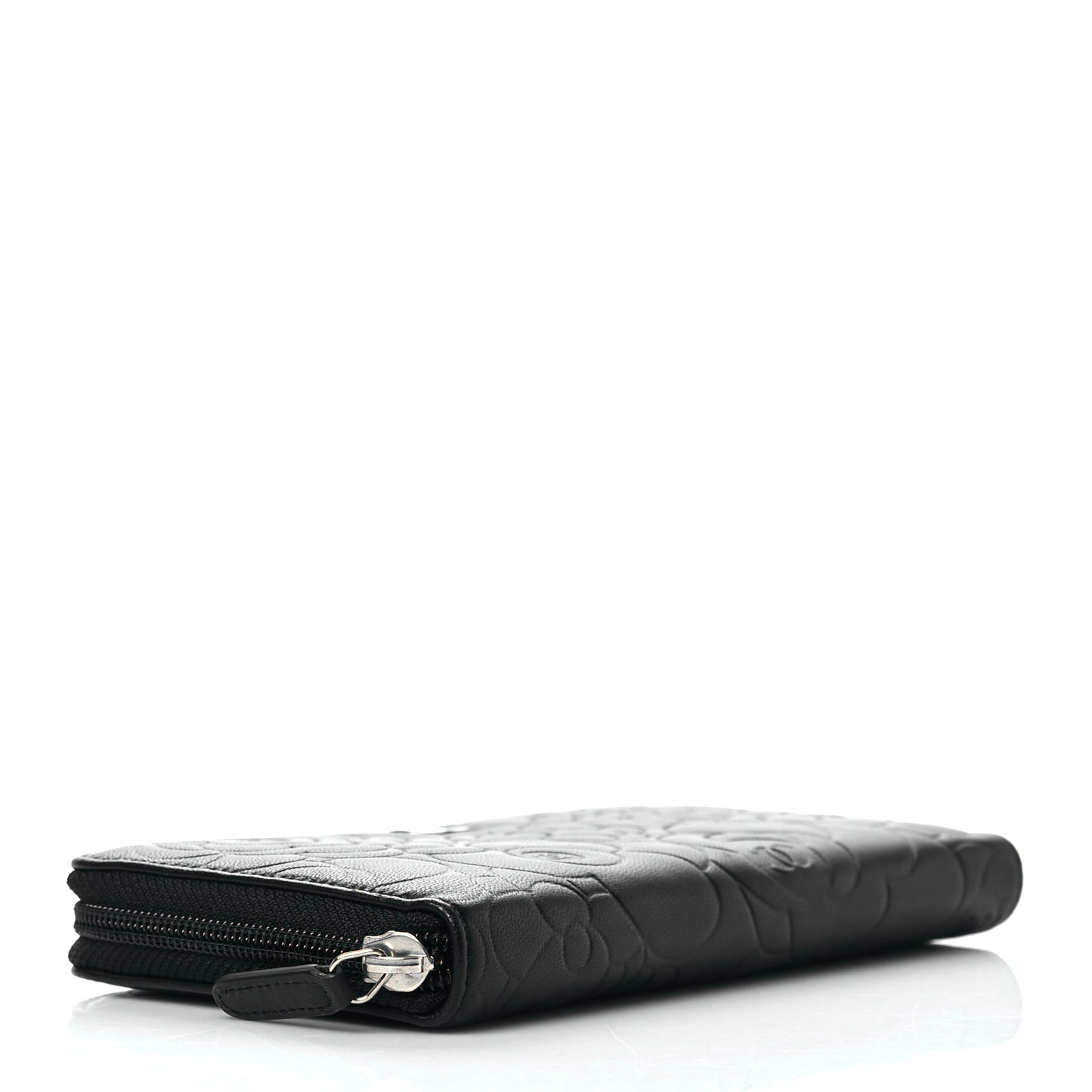 Lambskin Camellia Embossed Large Zip Around Gusset Wallet Black