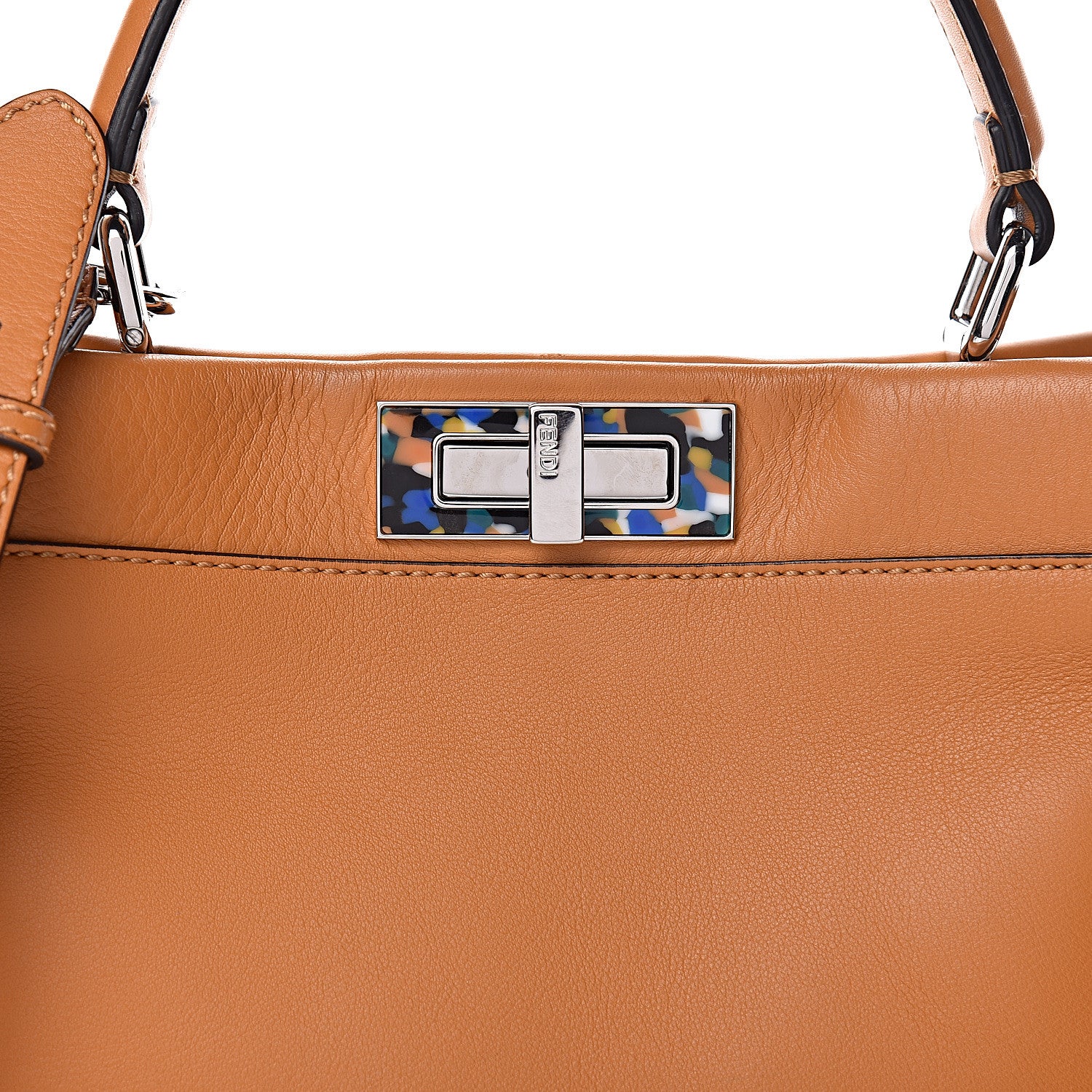 Fendi Vitello Seta Shiny Nappa Plexiglass Granite Medium Peekaboo Iconic Satchel Ginger Latte 14 of 14