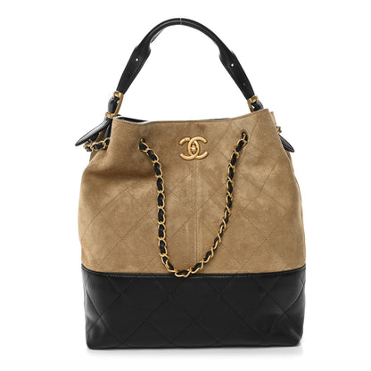 Chanel Suede Calfskin Shiny Lambskin Quilted Coco Base Shopping Bag Beige Black 1 of 11