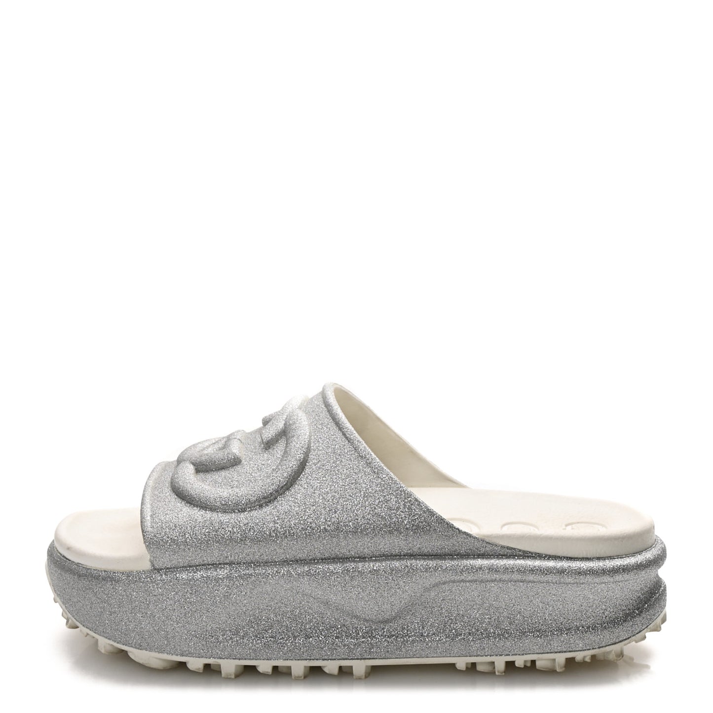 Glitter Rubber Womens Interlocking G Platform 42mm Slide Sandals 40 Silver