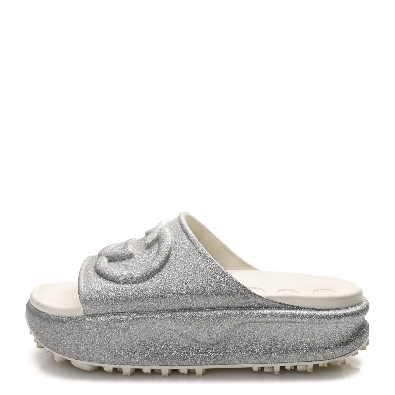 Gucci Glitter Rubber Womens Interlocking G Platform 42mm Slide Sandals 40 Silver 1 of 10