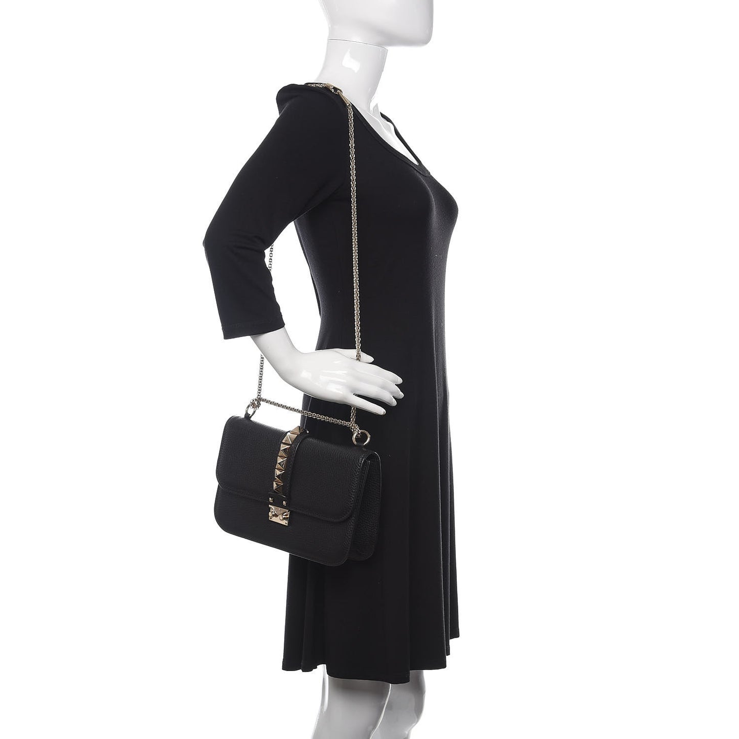 Pebbled Calfskin Medium Glam Lock Rockstud Flap Black
