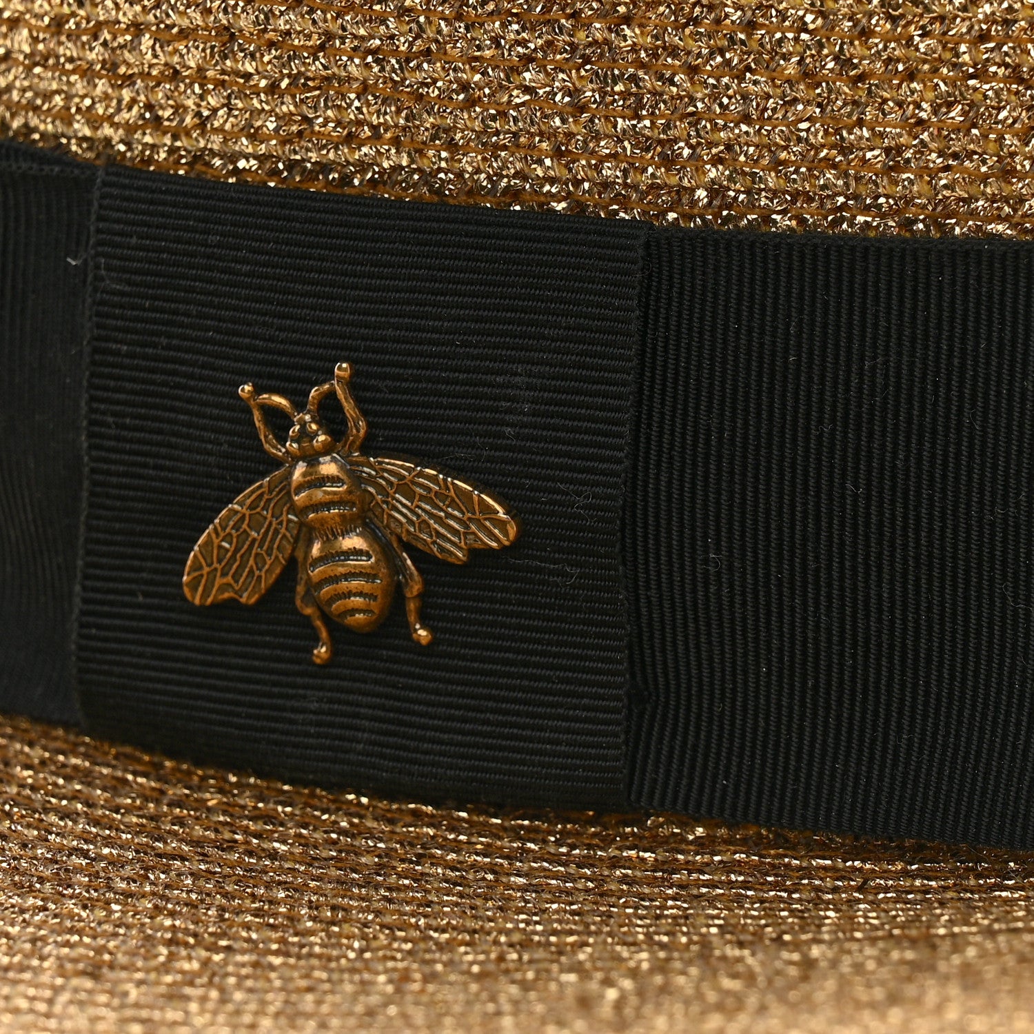 Gucci Glittered Straw Grosgrain Wide Brim Hat XS Gold Black 11 of 11