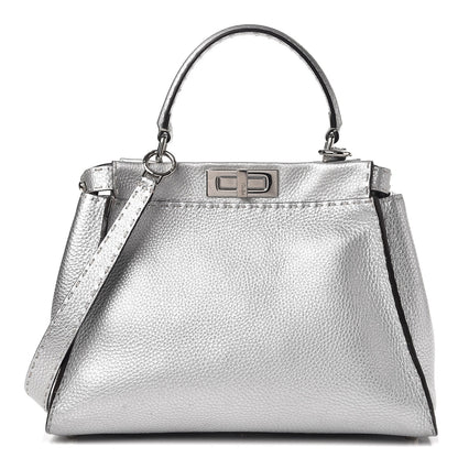 Fendi Cuoio Romano Lux Selleria Medium Peekaboo Iconic Satchel Argento 1 of 10