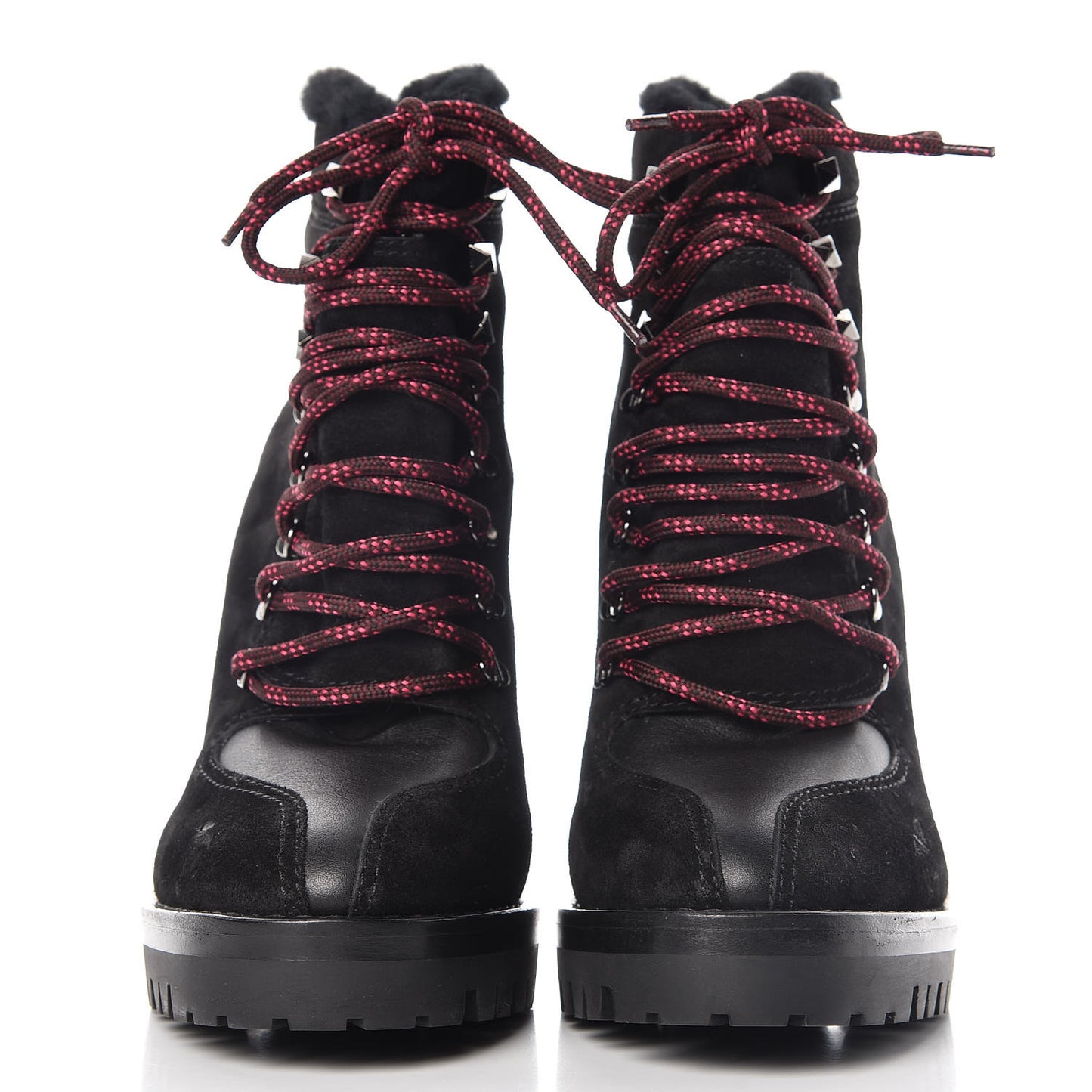 Suede Shearling Rockstud Lace-Up Ankle Boots 39.5 Black