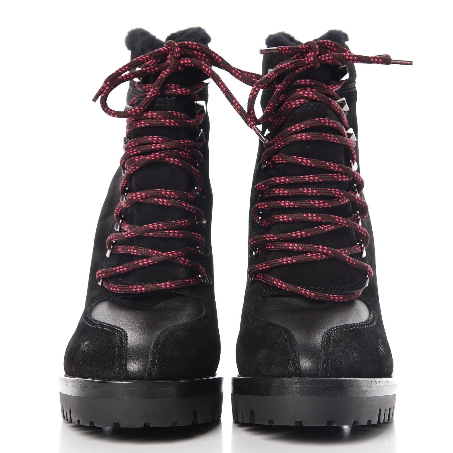 Valentino Garavani Suede Shearling Rockstud Lace-Up Ankle Boots 39.5 Black 2 of 17
