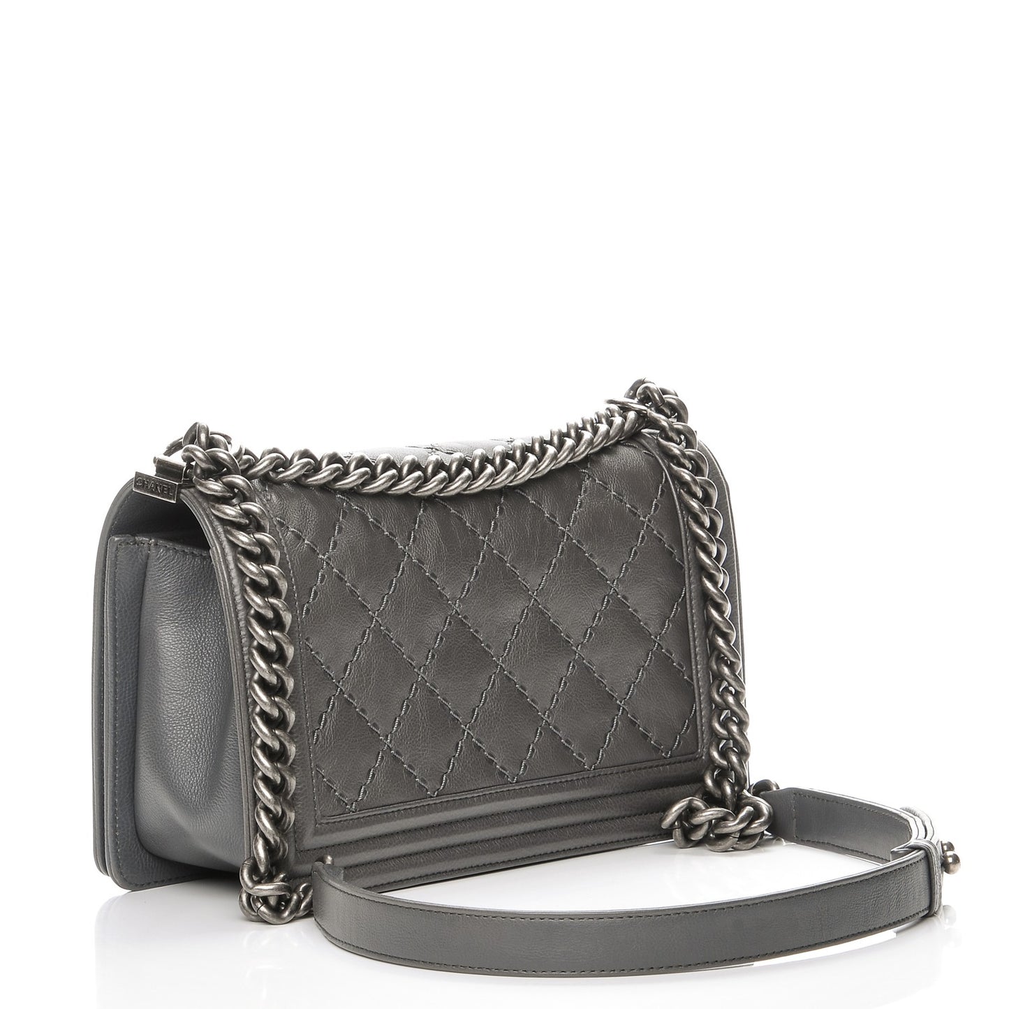 Calfskin Double Stitch Medium Boy Flap Grey