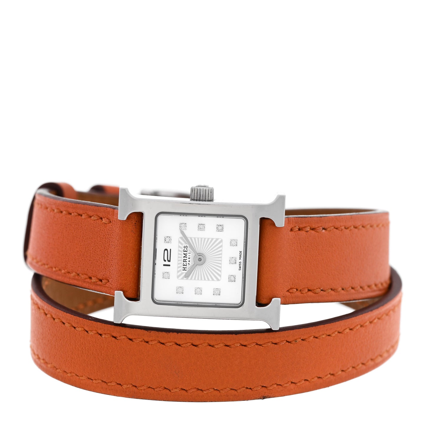 Stainless Steel Swift Diamond Mother of Pearl 17.2mm Heure H Hour Double Tour Quartz Watch Orange