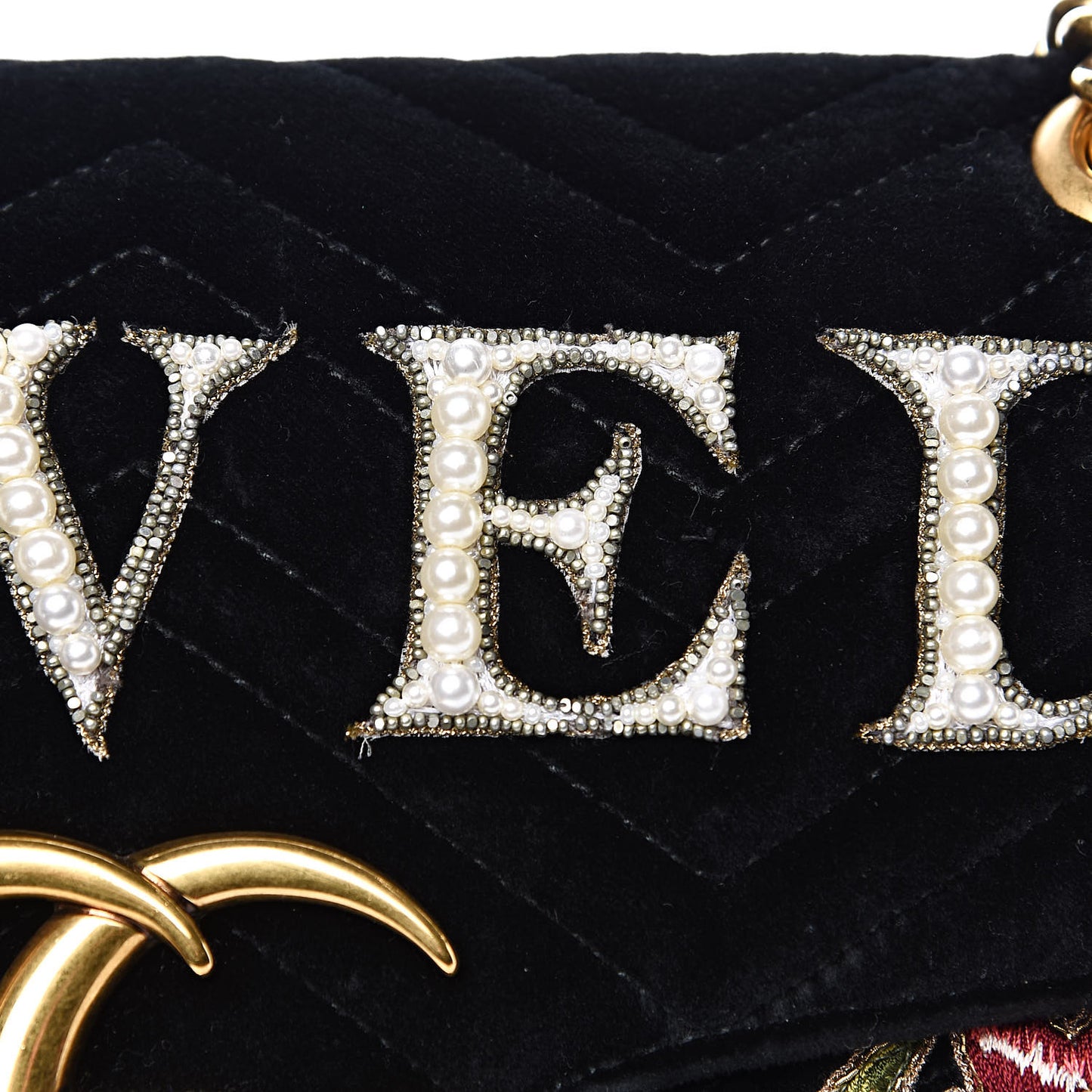 Velvet Matelasse Loved Embroidered Medium GG Marmont Shoulder Bag Black
