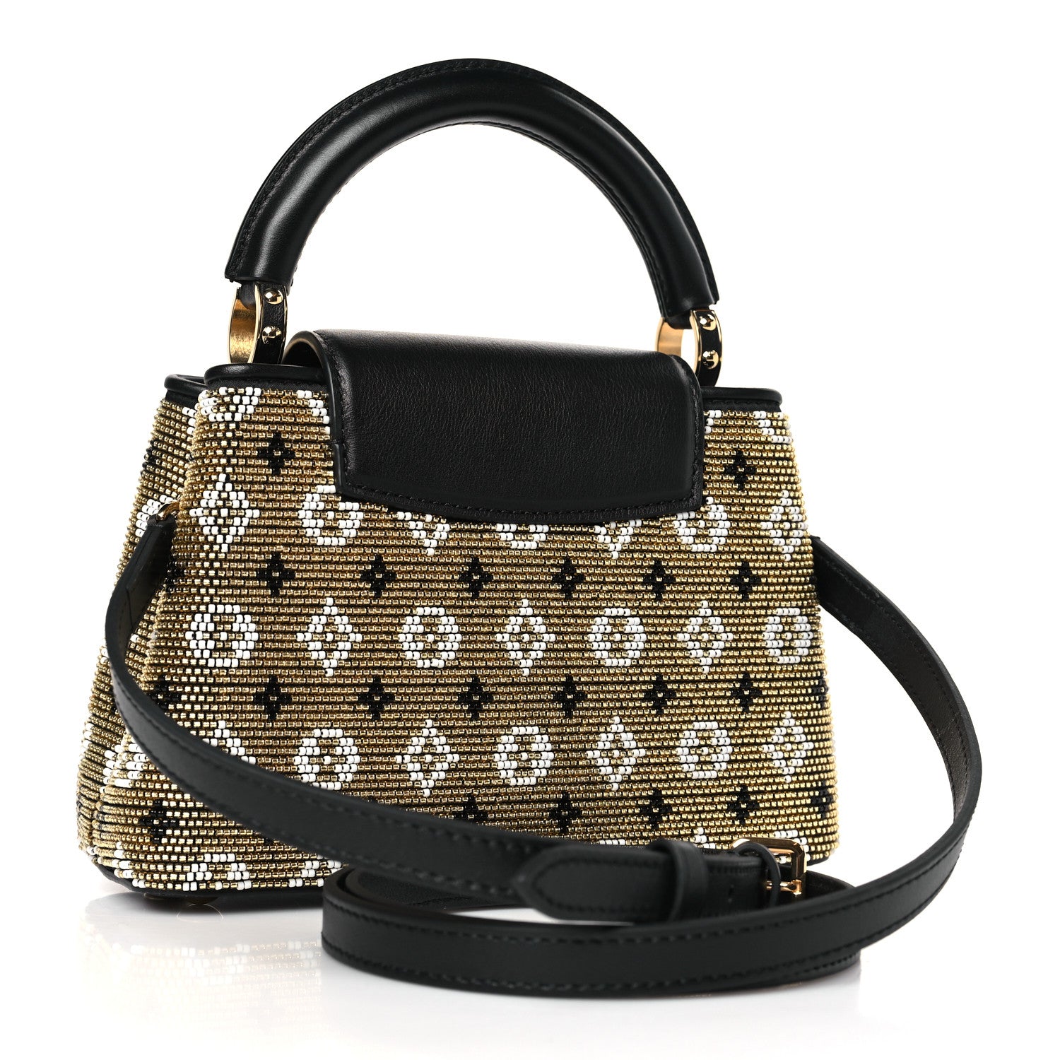 Louis Vuitton Satin Beaded Embroidered Monogram Calfskin Capucines Mini Gold Black 2 of 7