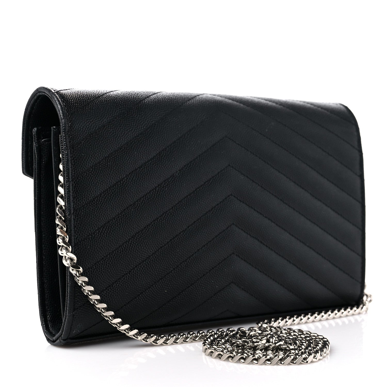Saint Laurent Grain De Poudre Matelasse Chevron Monogram Chain Wallet Black 3 of 12