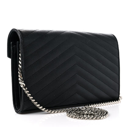 Saint Laurent Grain De Poudre Matelasse Chevron Monogram Chain Wallet Black 3 of 12