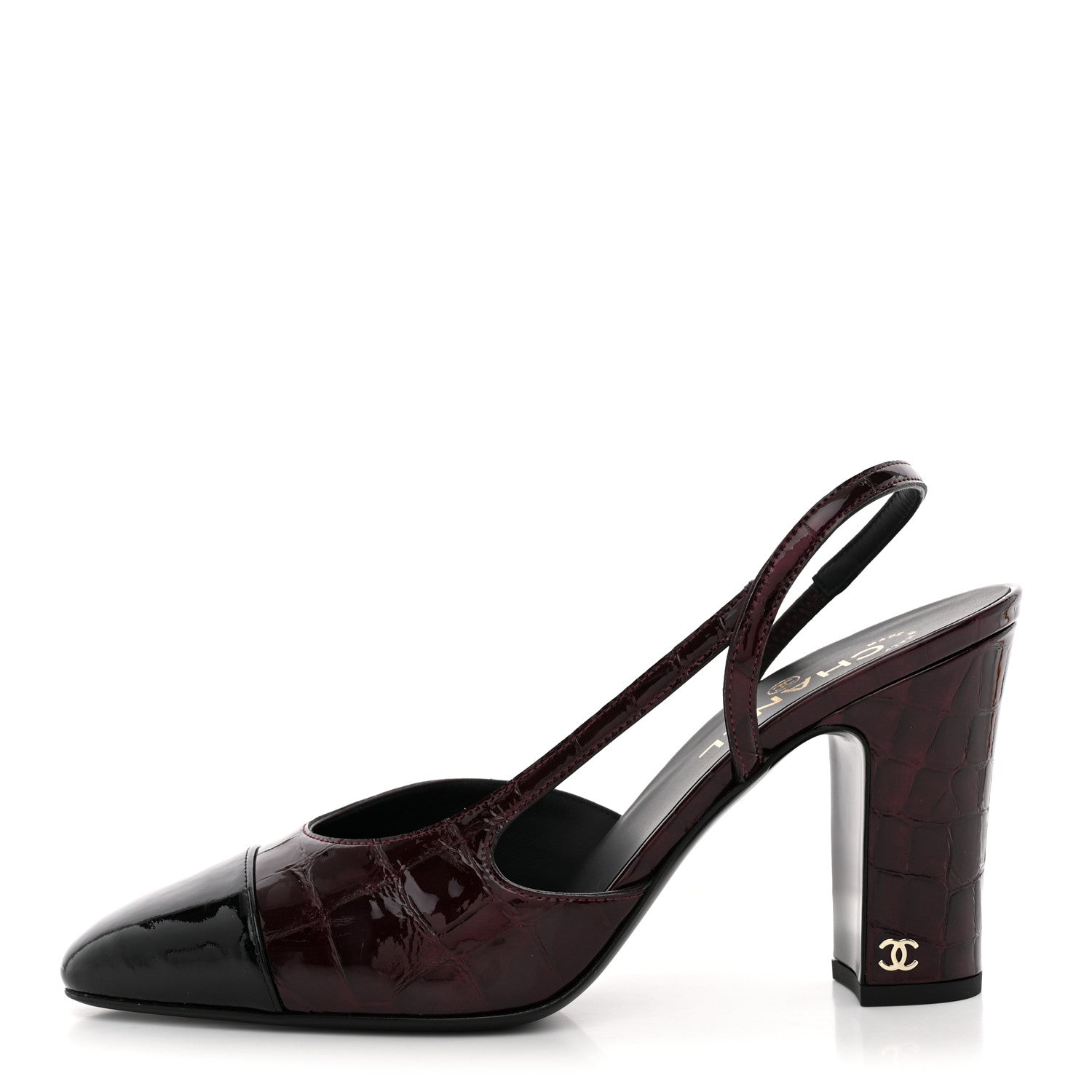 Chanel Patent Calfskin Crocodile Embossed Cap Toe CC Slingback Pumps 41 Dark Burgundy Black 1 of 10
