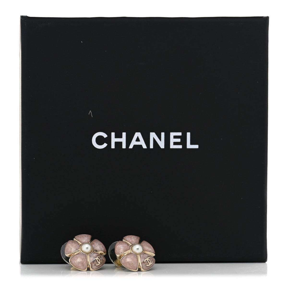 Chanel Glitter Enamel Pearl Flower CC Earrings Pink Gold 5 of 5