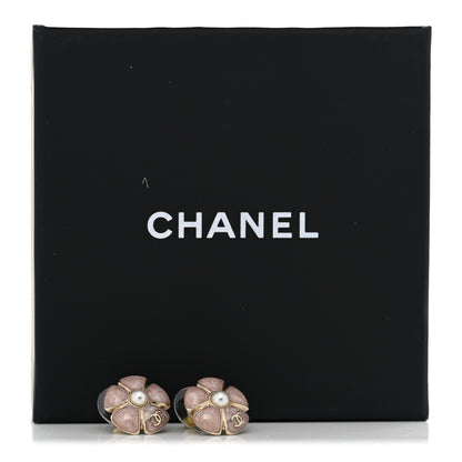 Chanel Glitter Enamel Pearl Flower CC Earrings Pink Gold 5 of 5