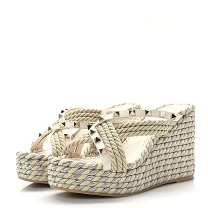 Valentino Garavani Calfskin Silk Rockstud Torchon Espadrille Wedge 25/95mm Slide Sandals 35 Light Ivory 3 of 8