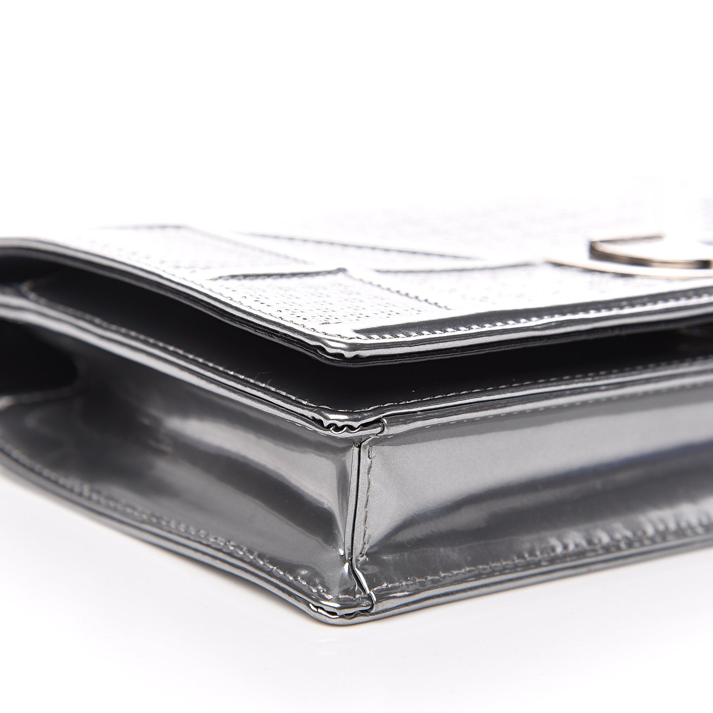 Metallic Patent Micro-Cannage Diorama Wallet on Chain Pouch Silver