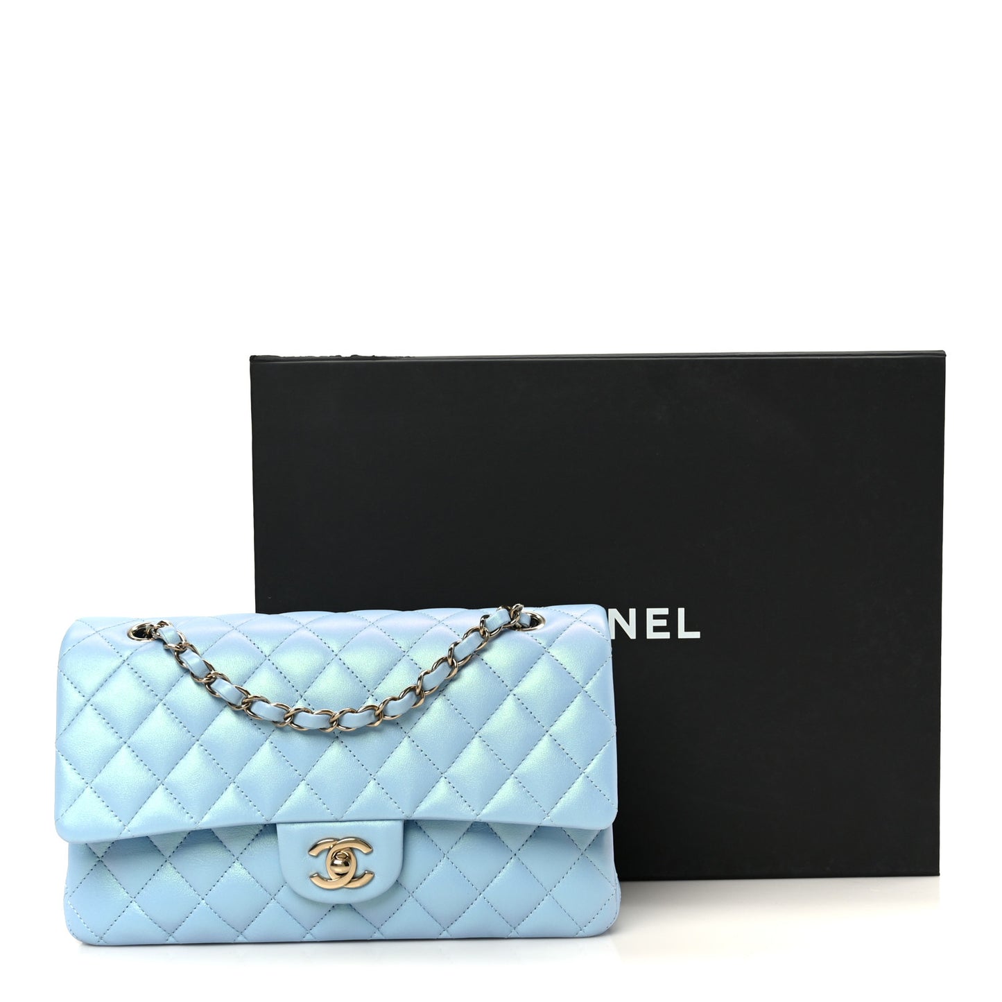 Iridescent Lambskin Quilted Medium Double Flap Light Blue
