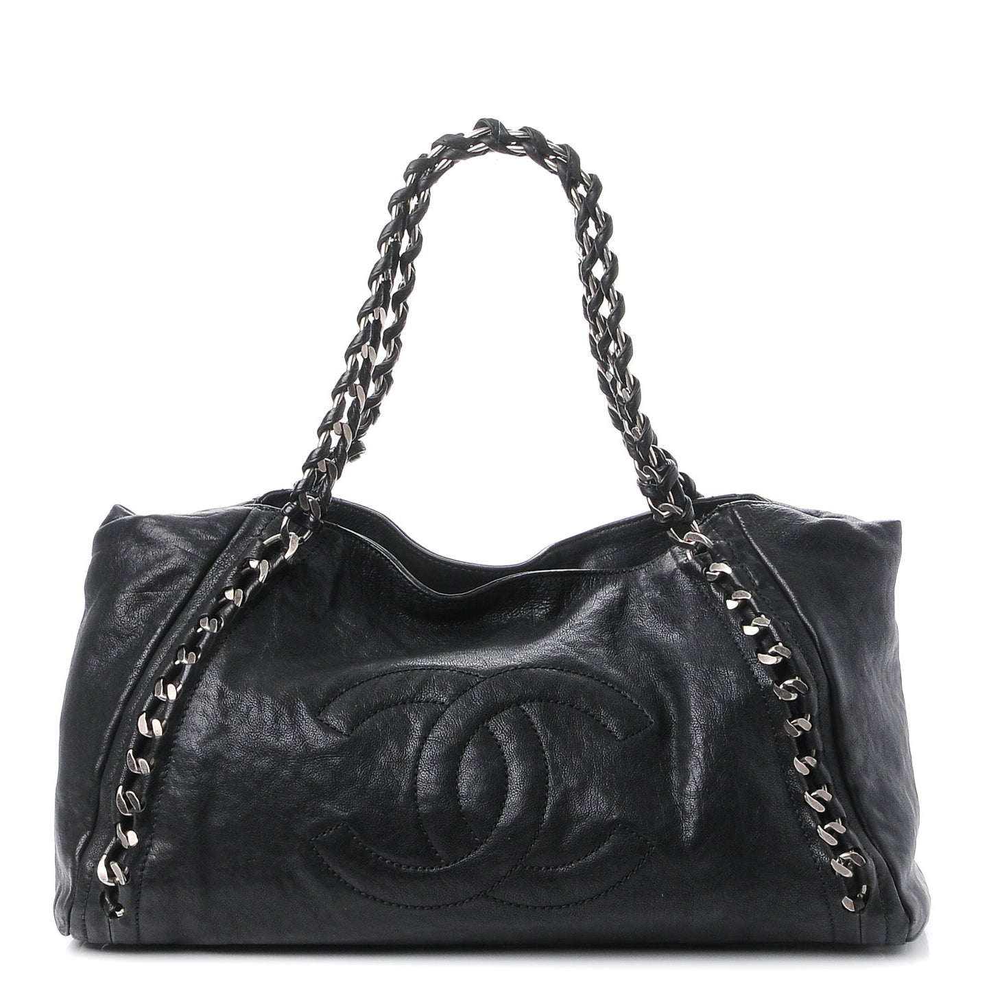 Glazed Calfskin East West Modern Chain Tote Black