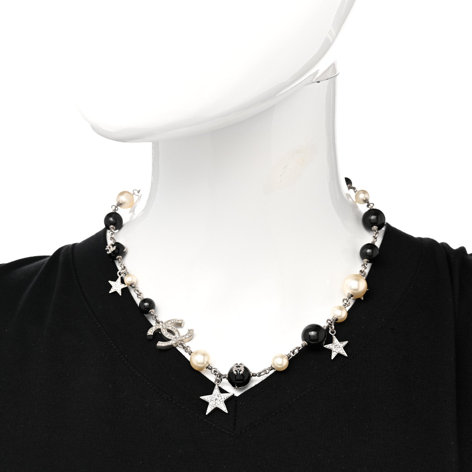 Chanel Crystal Pearl Star CC Short Necklace Silver 2 of 9