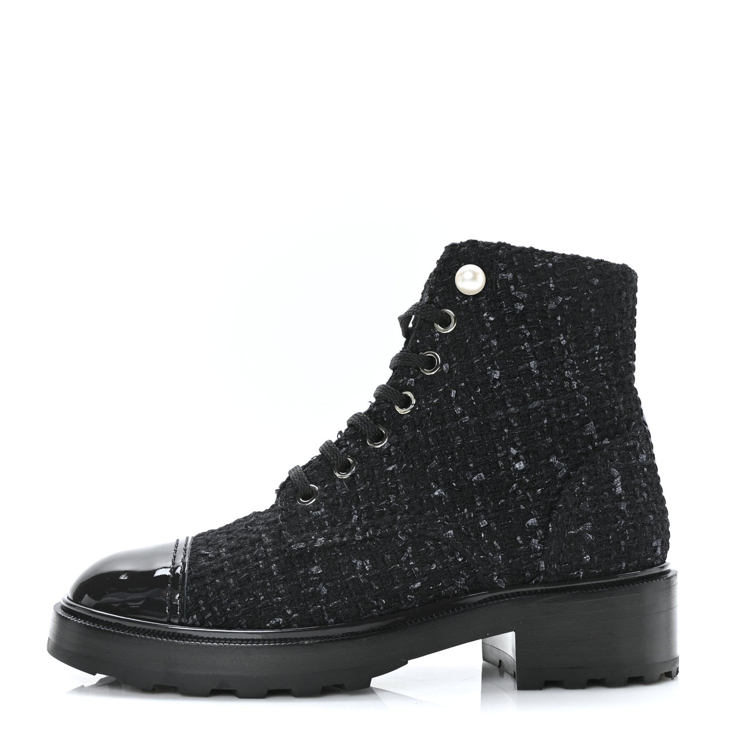 Tweed Patent Calfskin Pearl Combat Short Boots 36.5 Black Grey