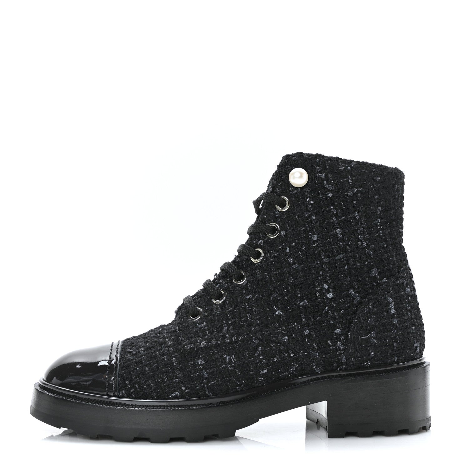 Chanel Tweed Patent Calfskin Pearl Combat Short Boots 36.5 Black Grey 1 of 7