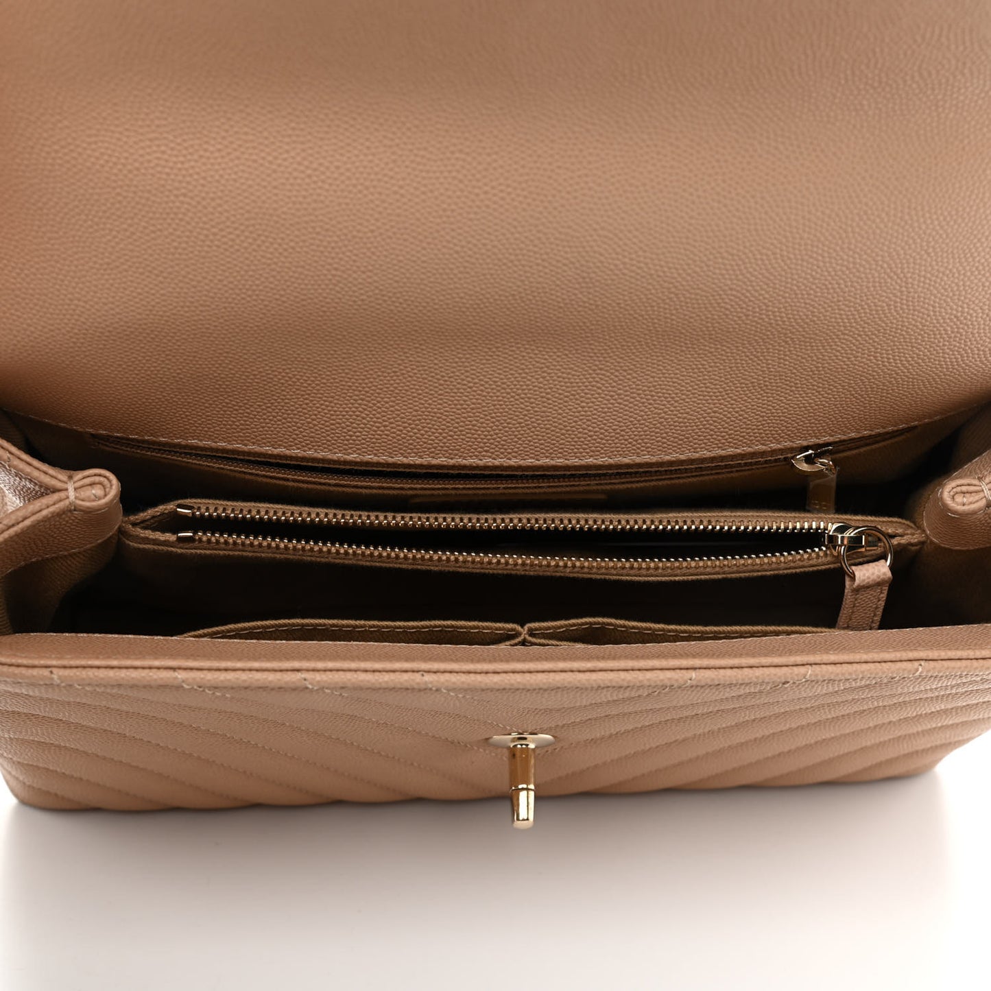 Caviar Chevron Quilted Small Coco Handle Flap Beige