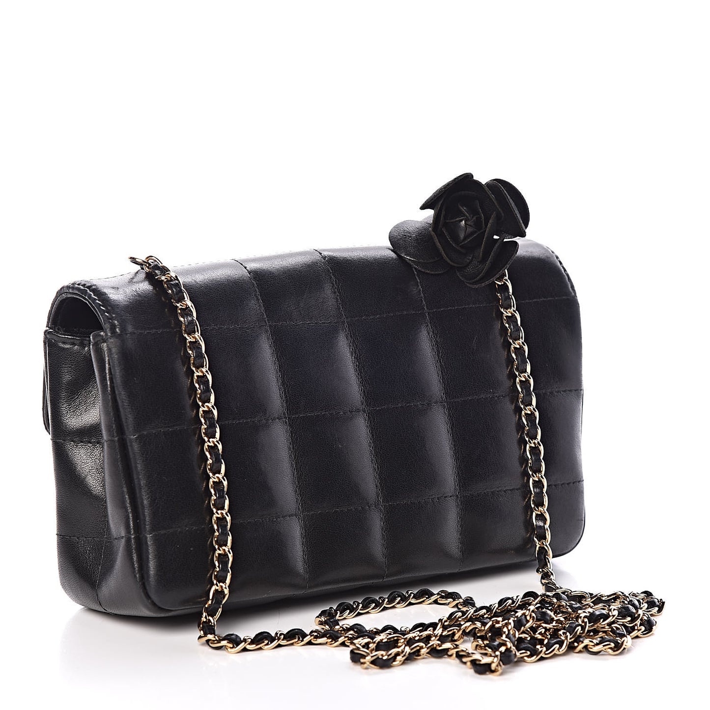 Lambskin Quilted Mini Chocolate Bar Camellia Flap Black