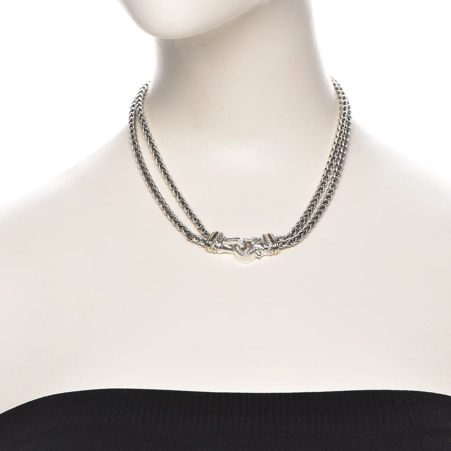 Sterling Silver 18K Yellow Gold Diamond Double Wheat Buckle Necklace
