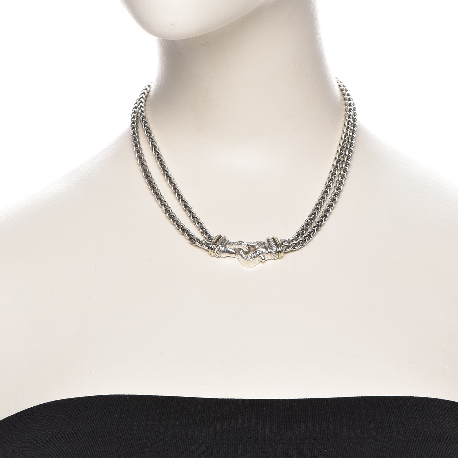 David Yurman Sterling Silver 18K Yellow Gold Diamond Double Wheat Buckle Necklace 2 of 6