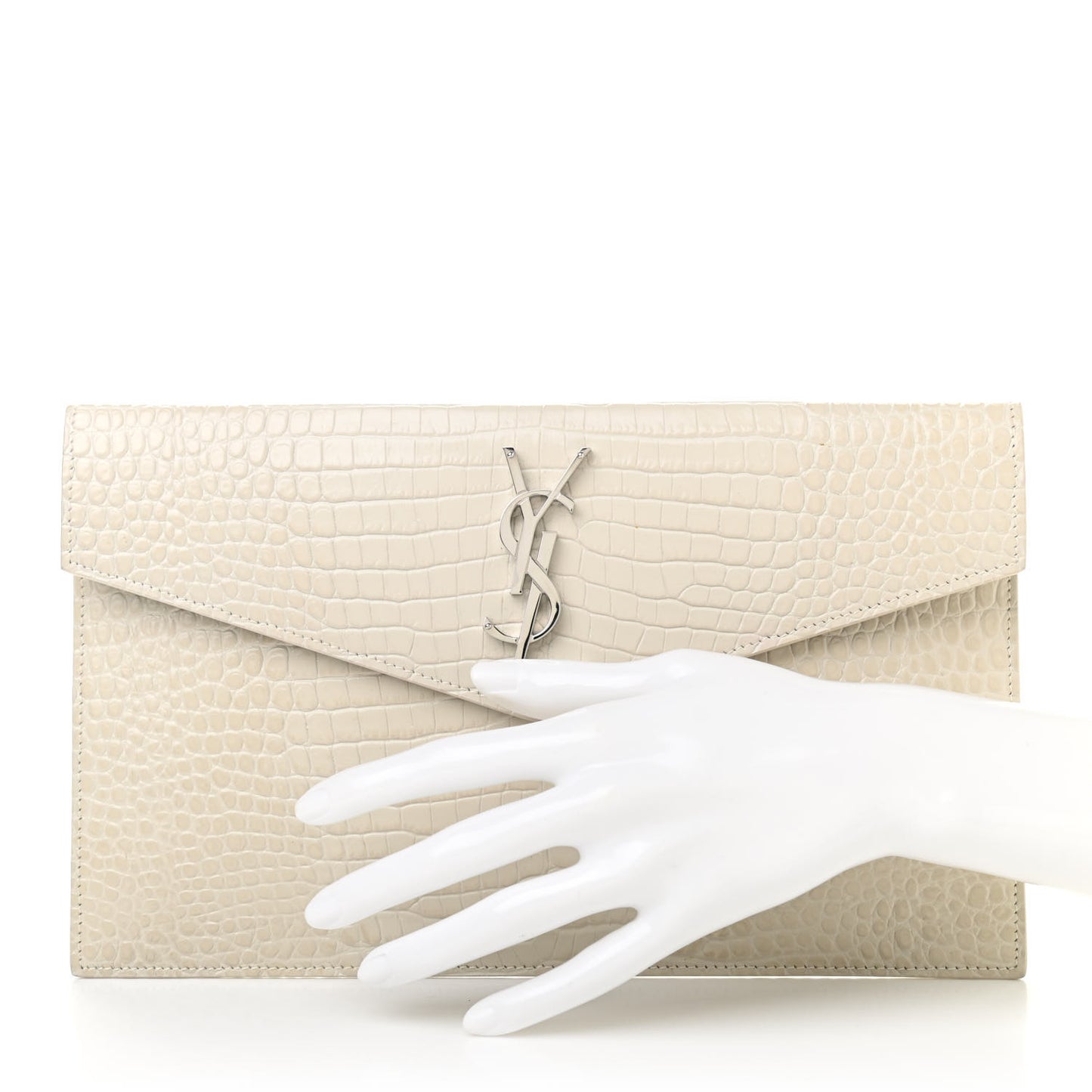 Calfskin Crocodile Embossed Uptown Monogram Pouch Crema Soft