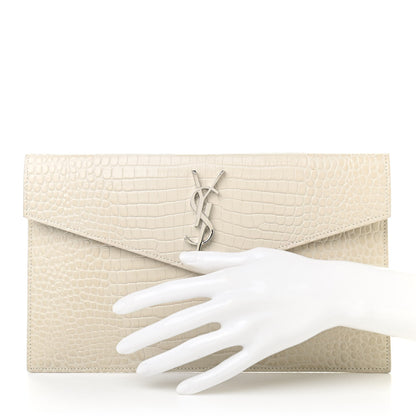 Saint Laurent Calfskin Crocodile Embossed Uptown Monogram Pouch Crema Soft 2 of 8