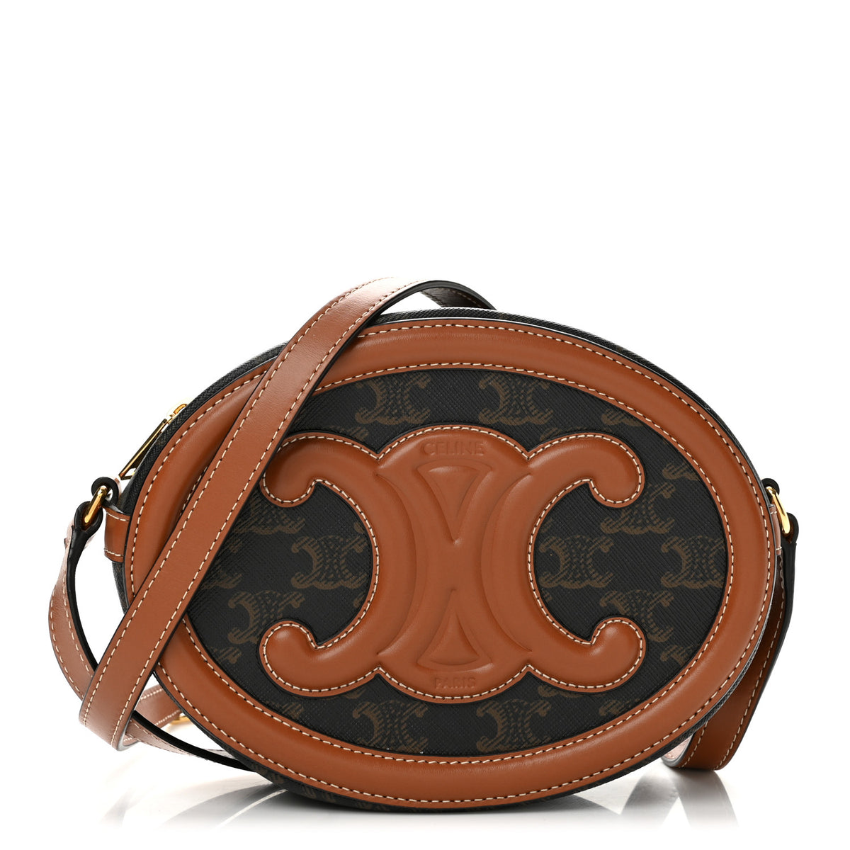 Celine Canvas Calfskin Cuir Triomphe Oval Purse Crossbody Tan 1 of 12