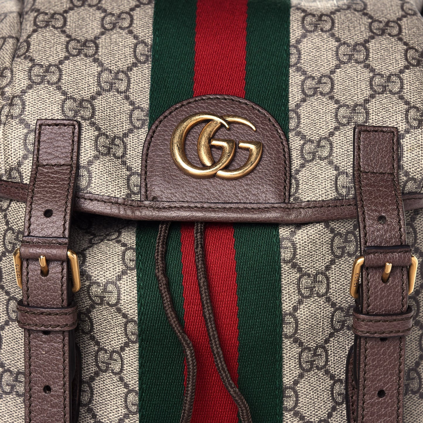 GG Supreme Monogram Medium Ophidia Double Buckle Backpack Brown