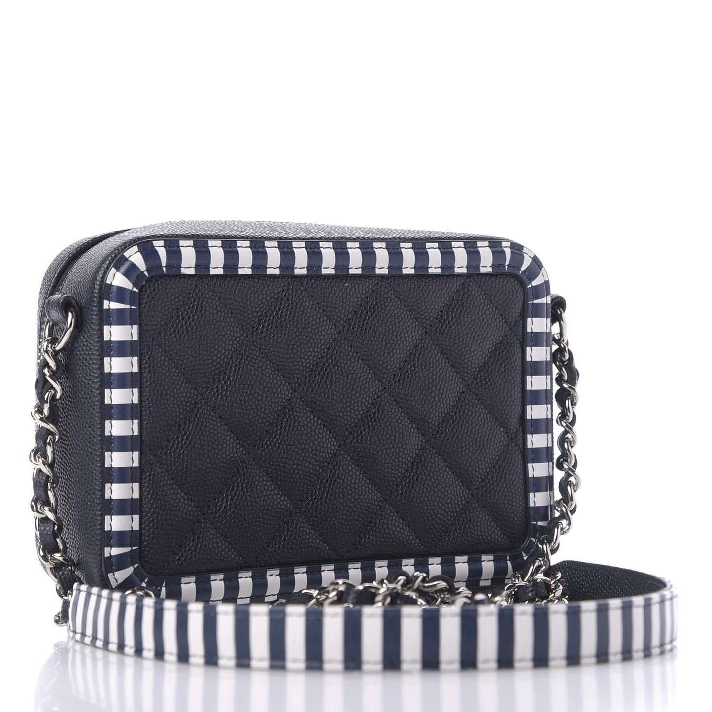Caviar Quilted Striped Filigree Vanity Clutch With Chain Navy White