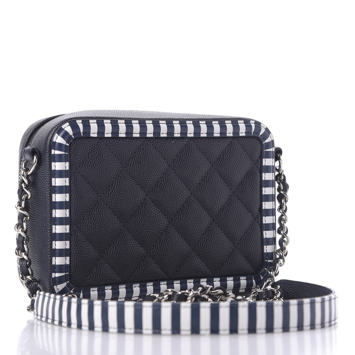 Chanel Caviar Quilted Striped Filigree Vanity Clutch With Chain Navy White 3 of 10