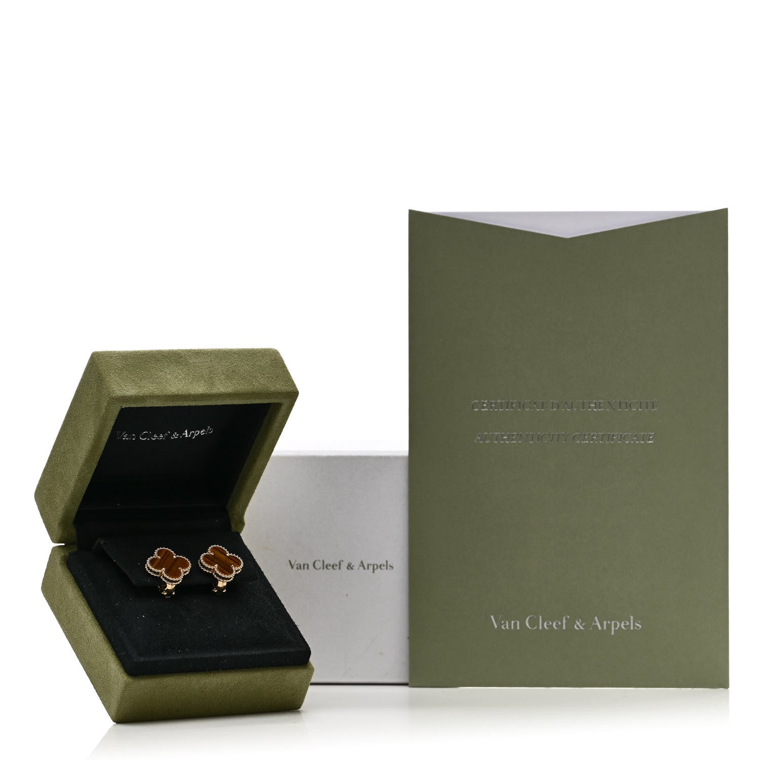 Van Cleef & Arpels 18K Yellow Gold Tiger's Eye Vintage Alhambra Earrings 5 of 5