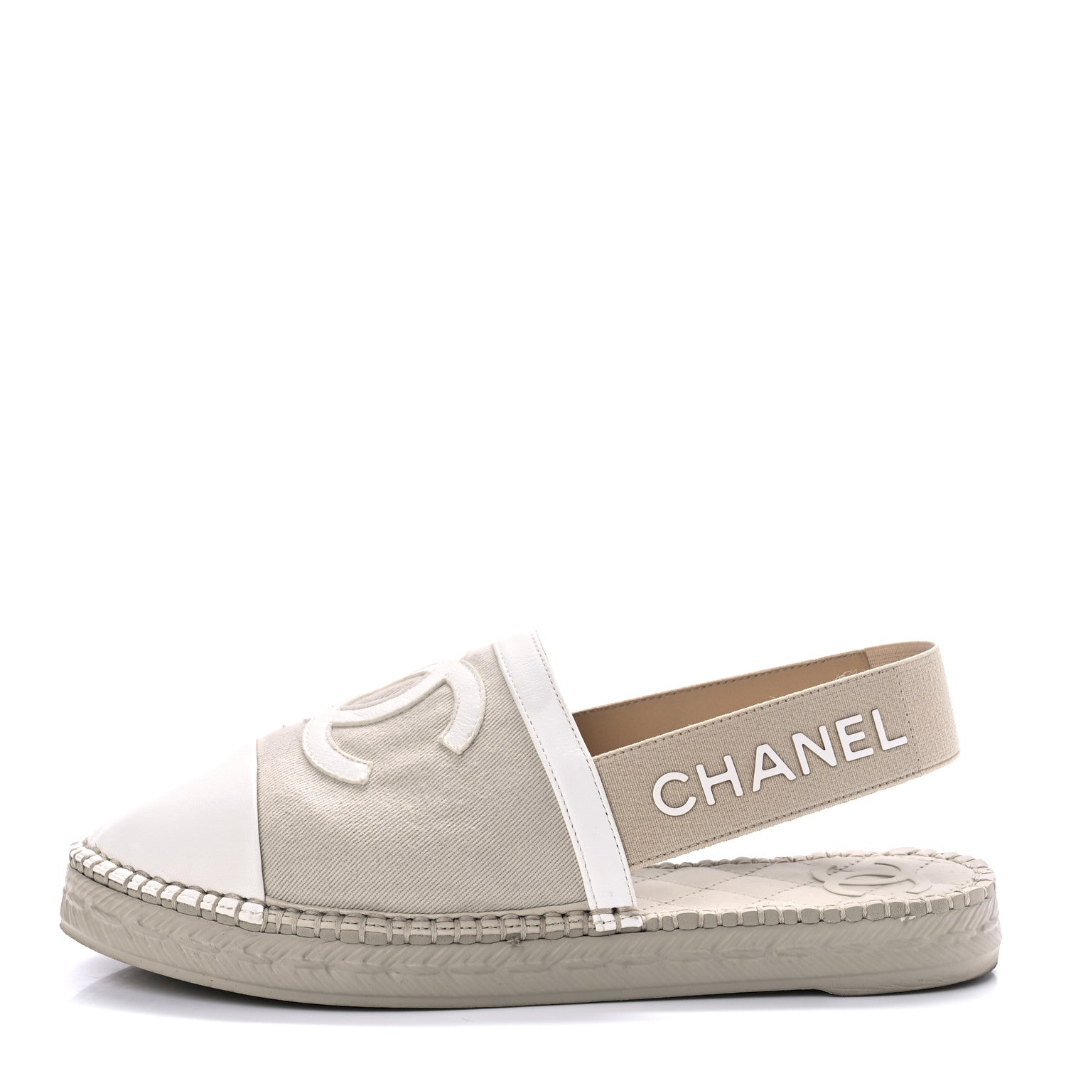 product image of CHANEL Canvas Lambskin CC Slingback Espadrilles 35 Beige White FASHIONPHILE