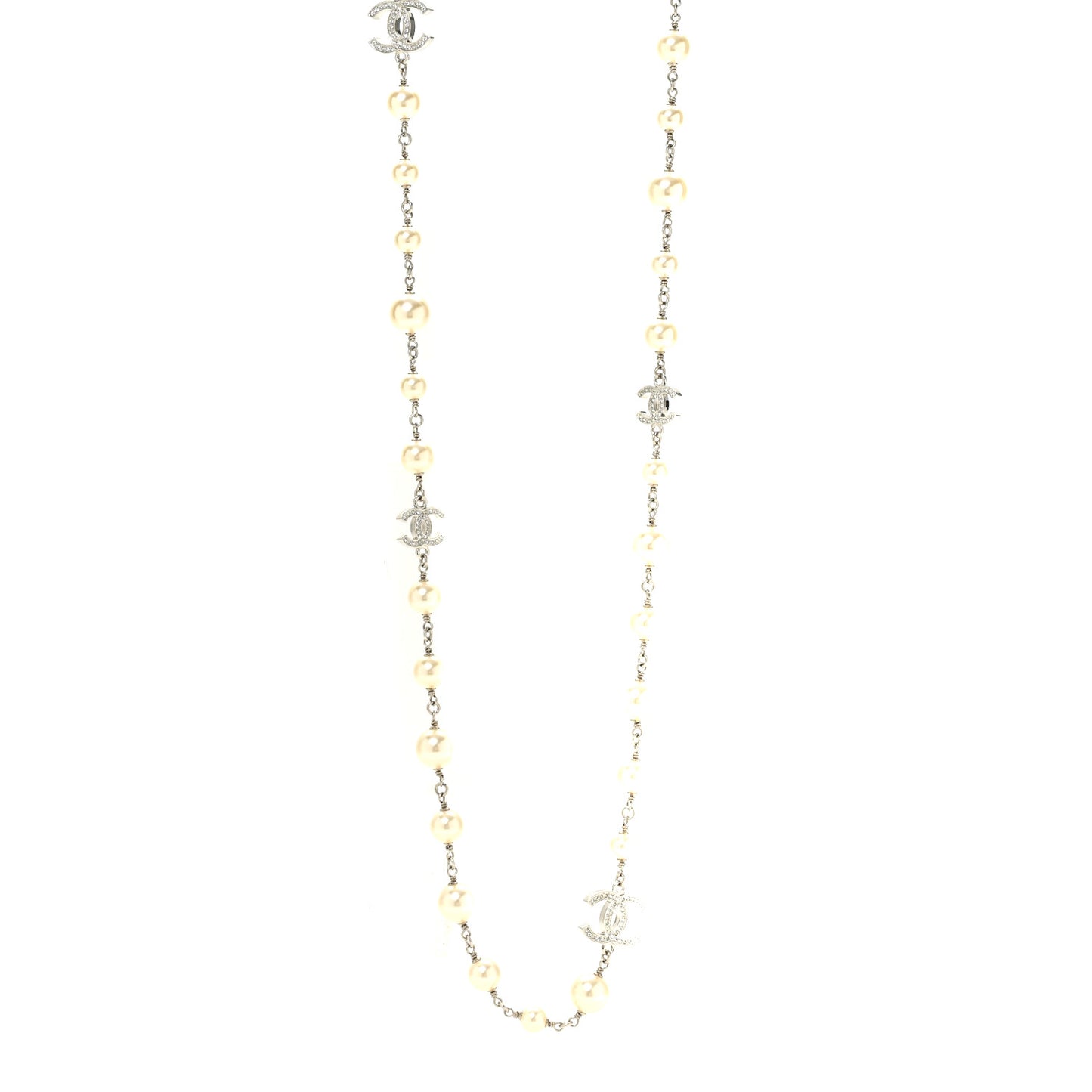 Graduated Pearl Crystal CC Long Necklace Silver