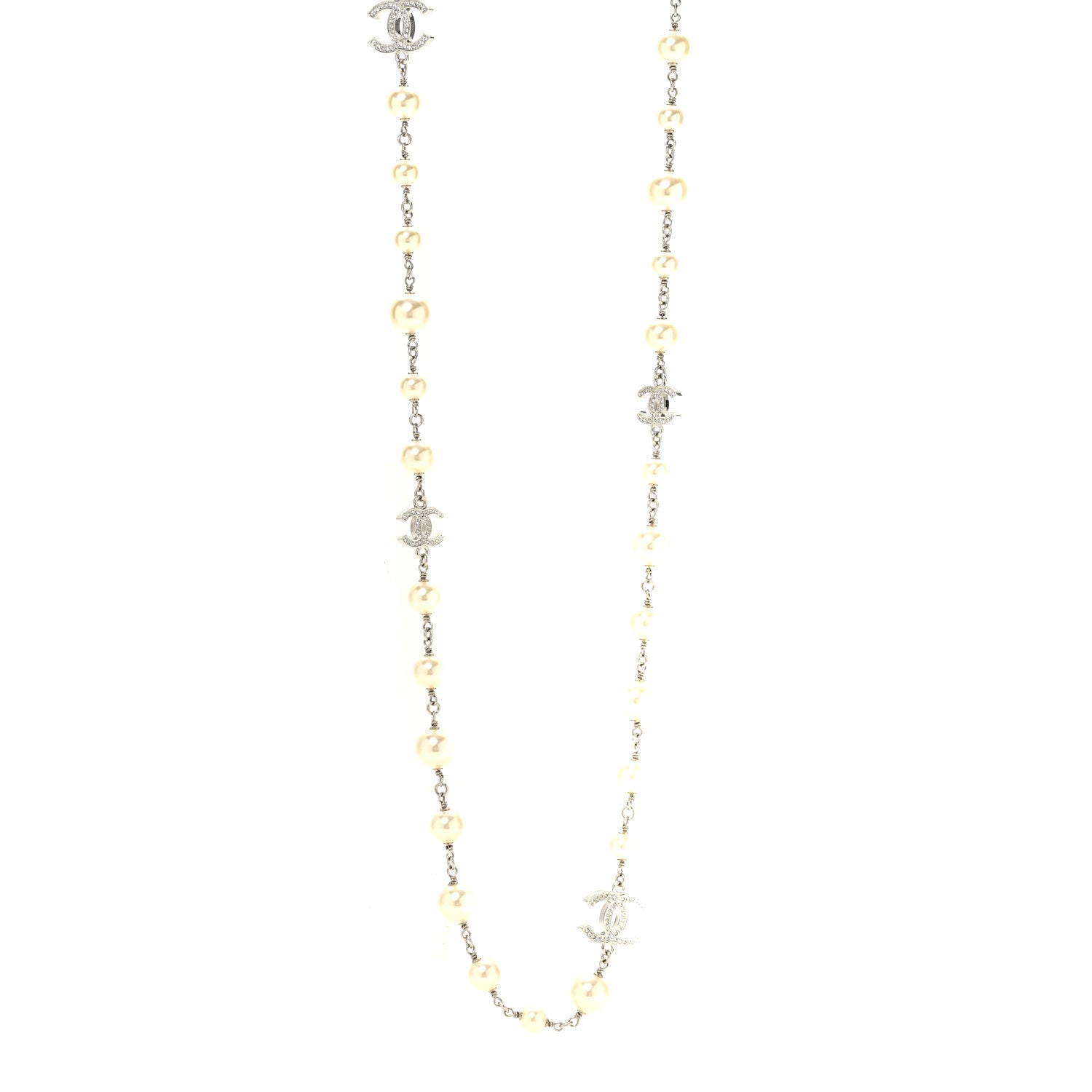 Chanel Graduated Pearl Crystal CC Long Necklace Silver 1 of 6