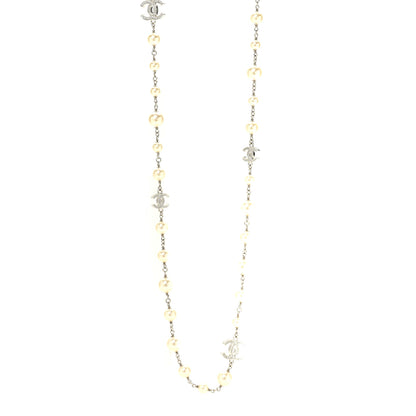 Chanel Graduated Pearl Crystal CC Long Necklace Silver 1 of 6