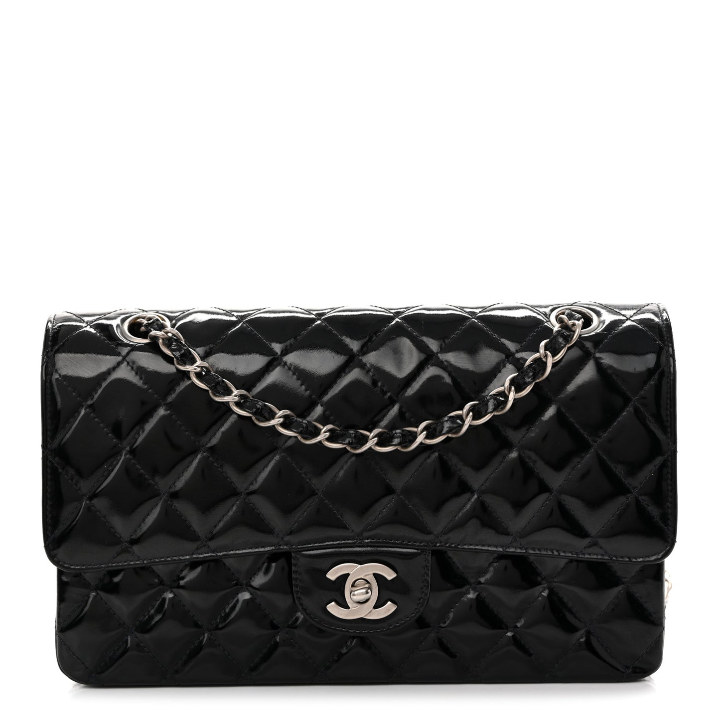 Glazed Calfskin Quilted Medium Double Flap Black