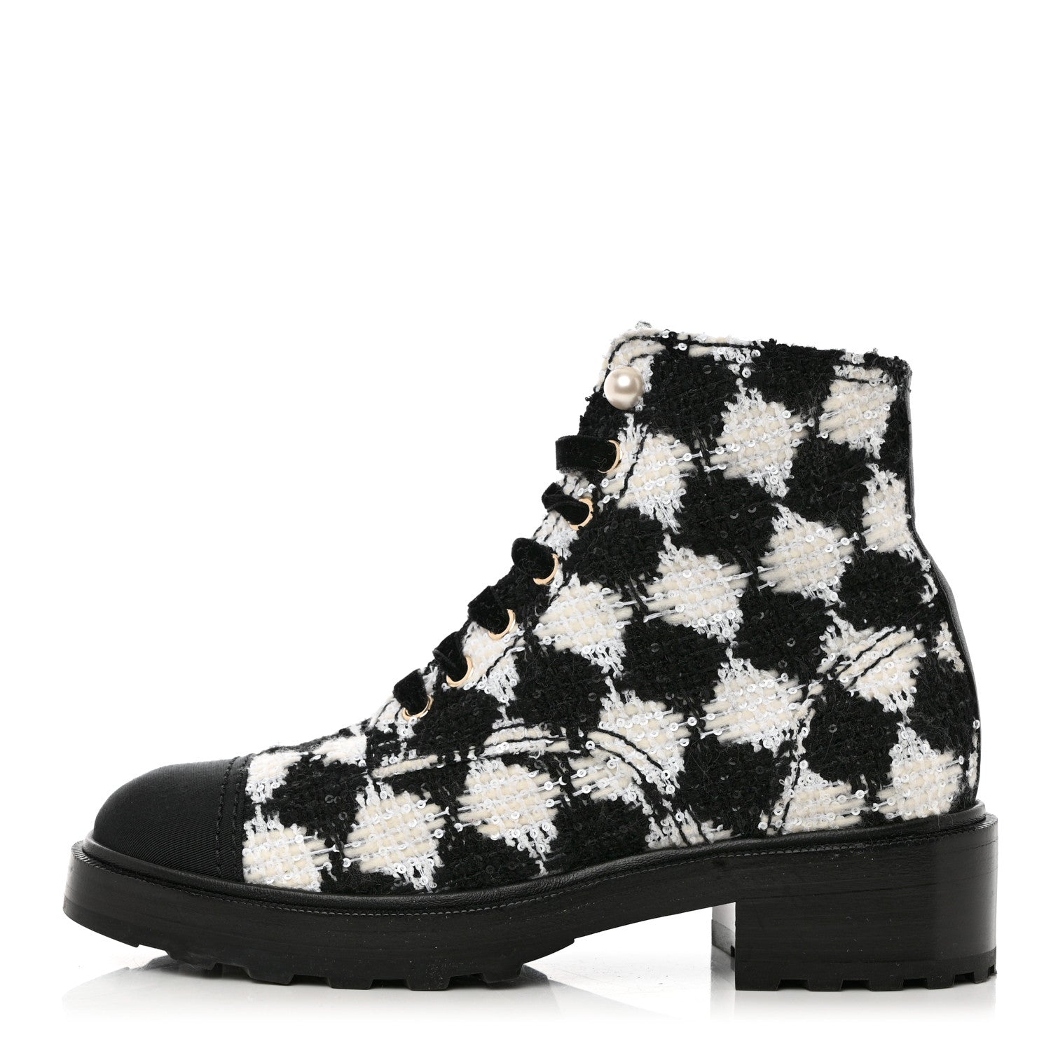 Chanel Tweed Grosgrain Pearl Combat Short Boots 38 White Black 1 of 10