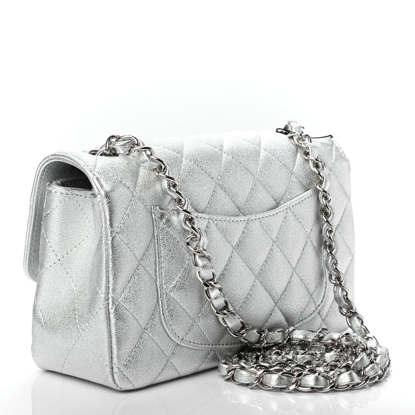 Metallic Lambskin Quilted Mini Rectangular Flap Silver